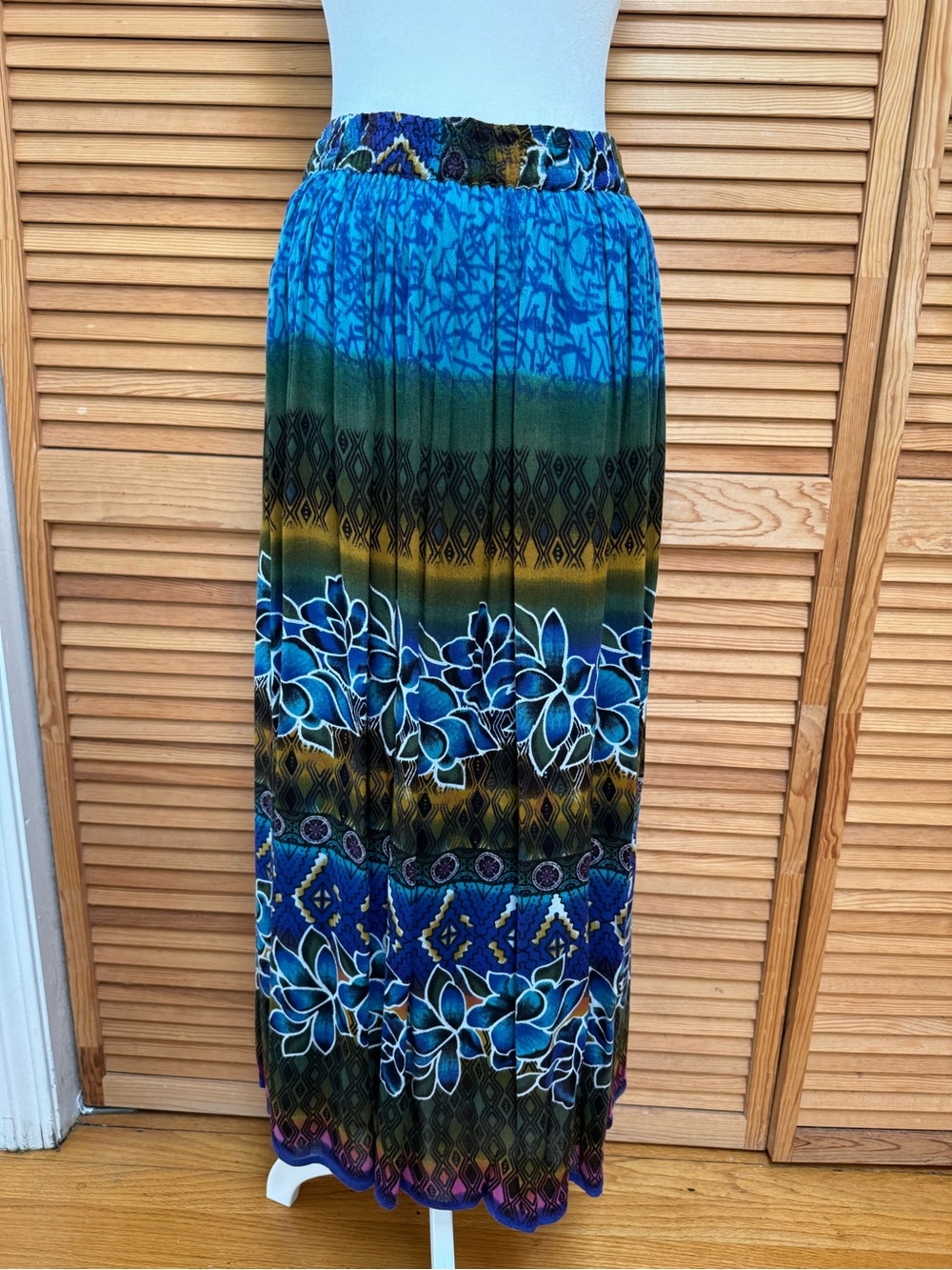 Chaudry KC Boho Floral Maxi Skirt Blue Green Geometric Smocked Waist Size XXL